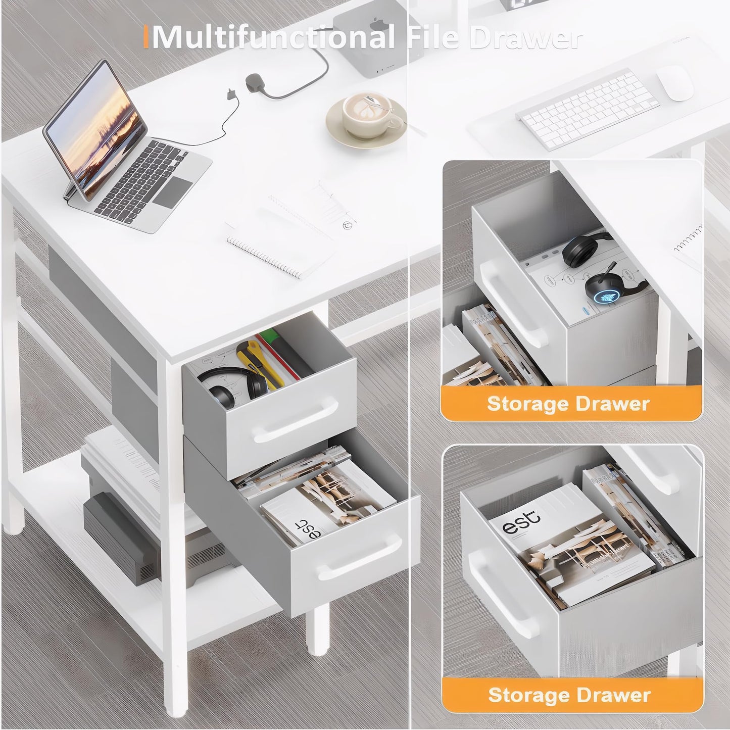 Xyphren 120cm Computer Desk with Drawers & Power Outlets, Office Desk with Storage Monitor Stand, Reversible Small Desks for Home Office Bedroom