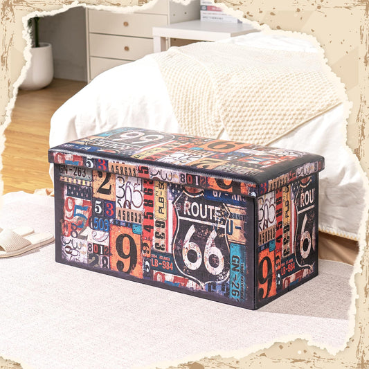 Bonlife Folding Storage Ottoman Bench,Footstool for Living Room Organiser,Colorful Faux Leather Collapsible Large Kids Toy Box with Lids,76x38x38cm