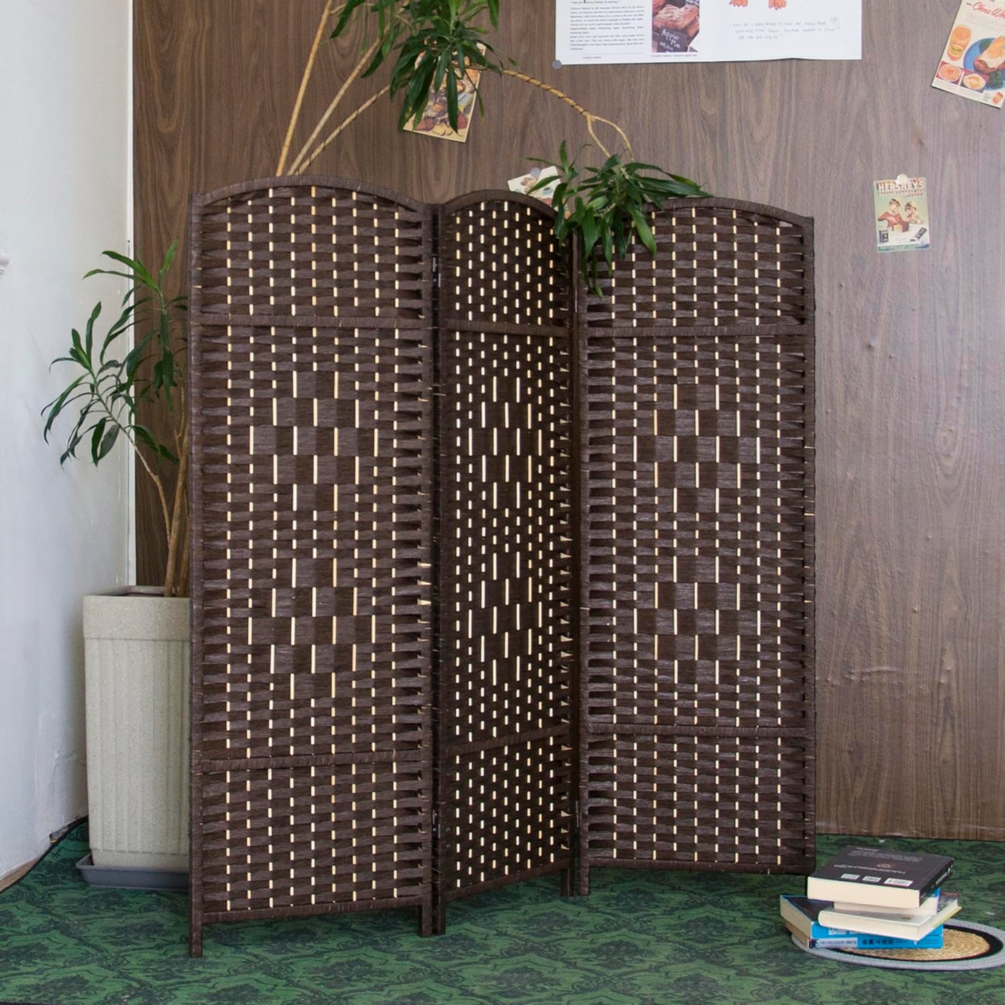 Furnnylane 3 Panel Dark Brown Rattan Divider Short Room Partition Screen,Double Sided Short Folding Divider for Room Separation,120 cm Tall