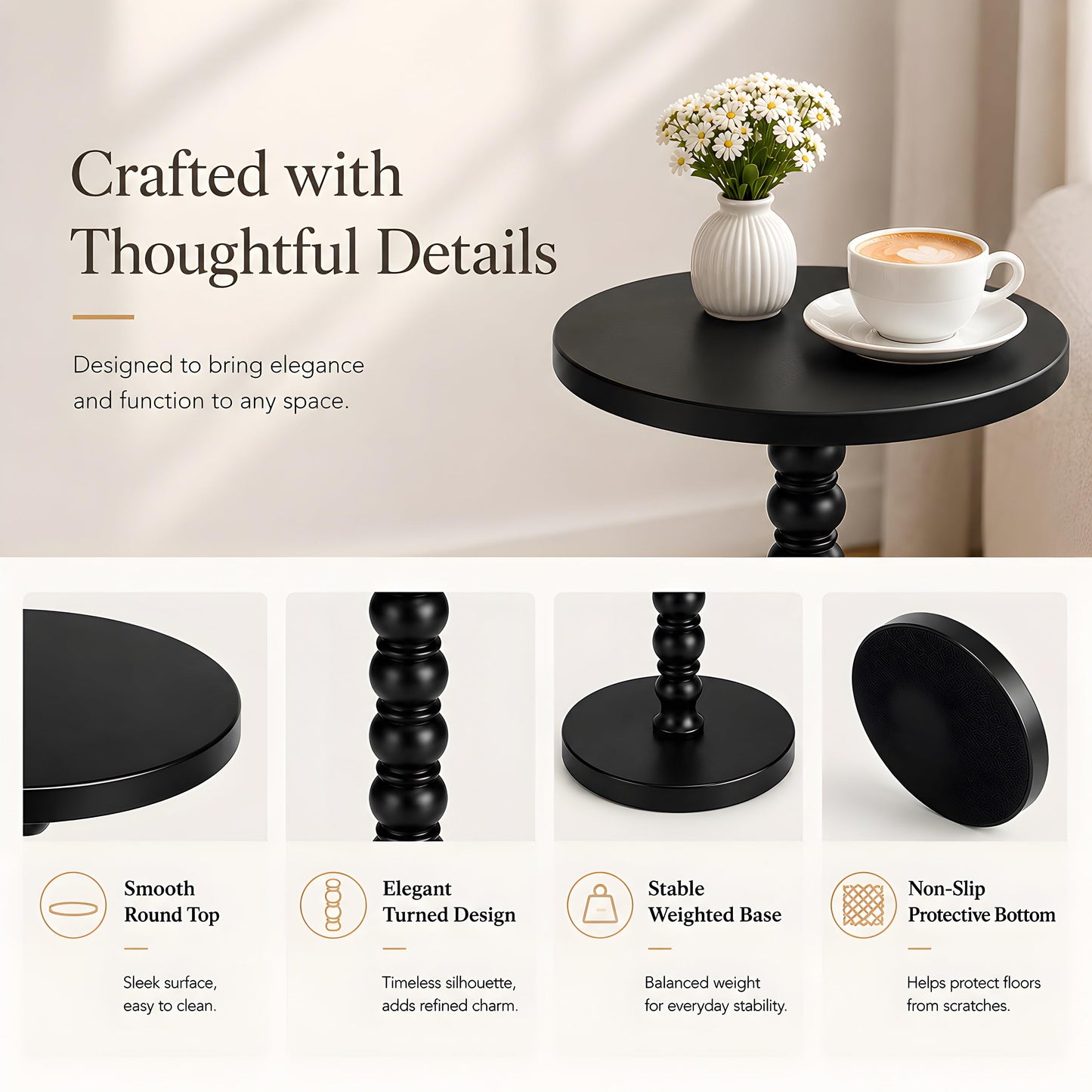 Junistra Round Drink Table, Small Pine Wood Beaded Pedestal Side Table for Sofa, Living Room, Bedroom and Small Spaces, Black