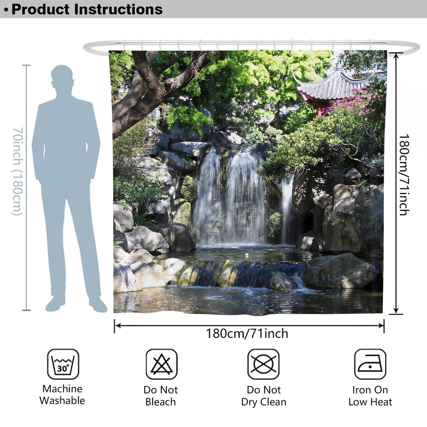 Newhomestyle Waterfall Scenery Garden Shower Curtain, Waterproof Polyester Fabric Pavilion Bathroom Shower Curtain