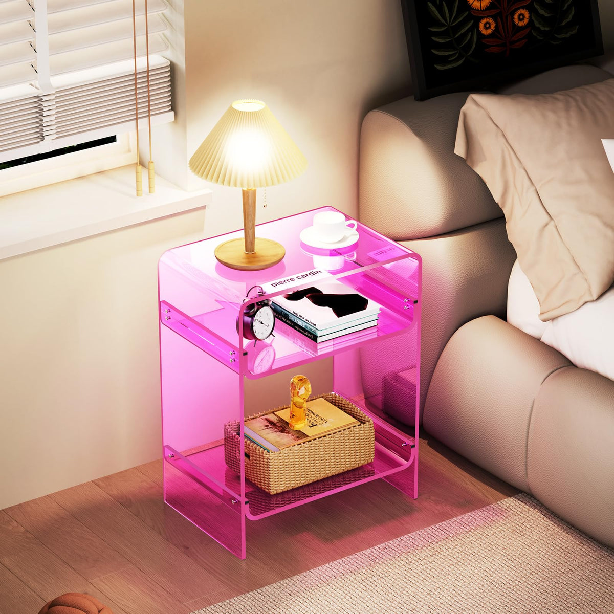 Acrylic Record Player Table with Storage Shelf, Clear Side Table, Nightstand Pink, 45×30×58 cm, Acrylic
