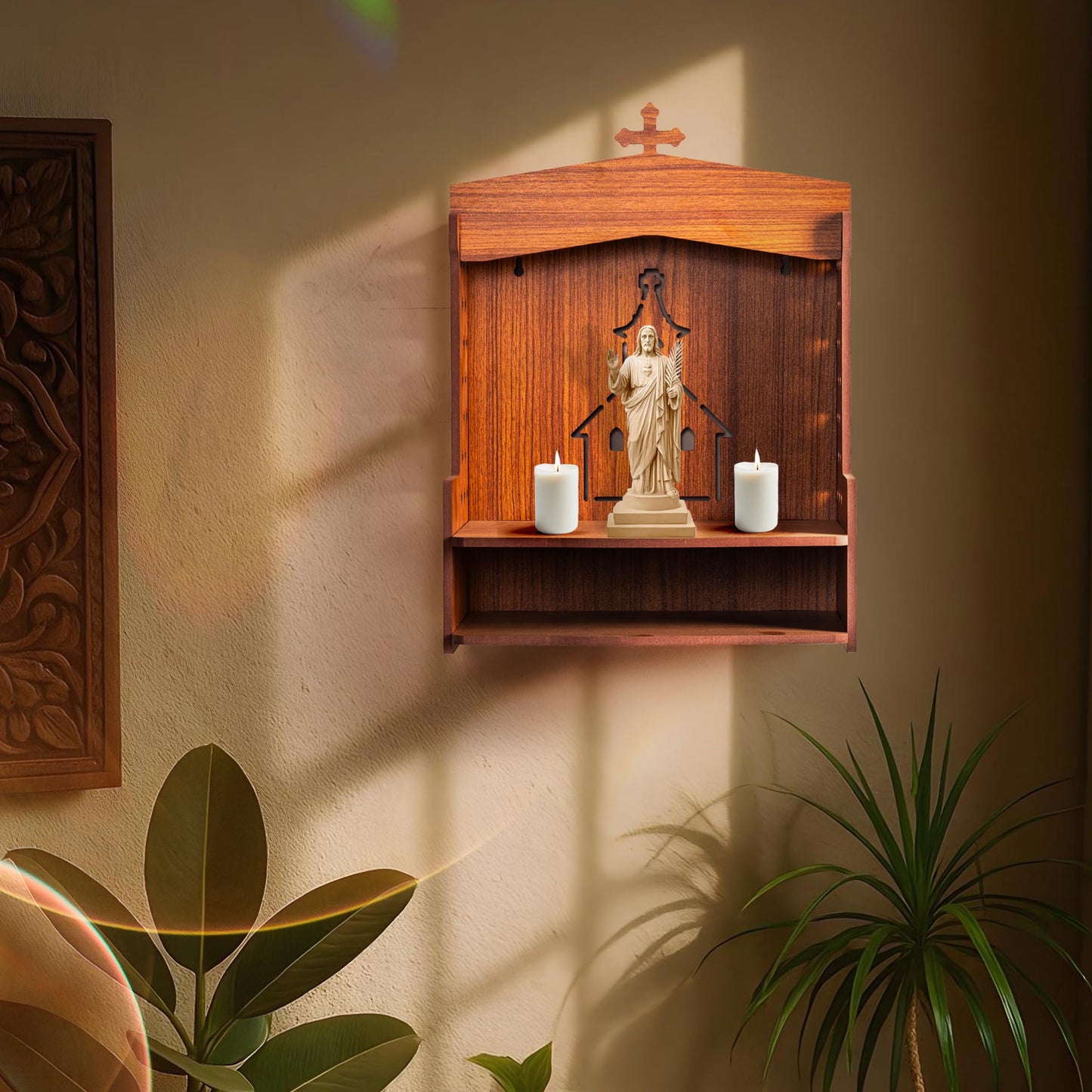 Tarini Gallery Wooden MDF Wall Mounted Hanging Prayer Shelf Table top Religious Display Décor Storage for Home Office and Gifting