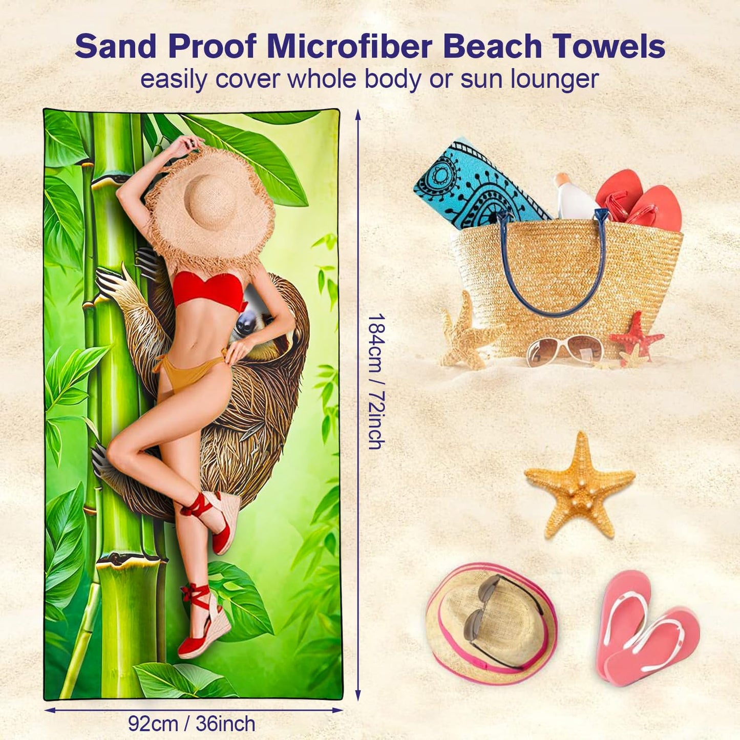 Violetpos Bamboo Climbing Sloth Beach Towel, Extra Large 180x90 cm 250GSM Microfibre, Sand Free Quick Dry