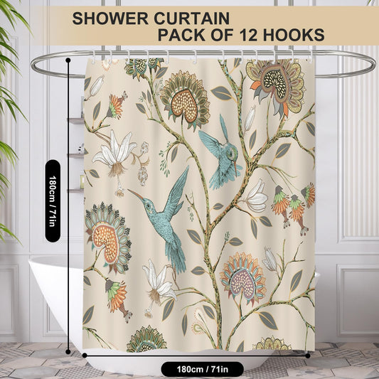 Minicoco Integrated Room Shower Curtain 100% Polyester Waterproof Mould Proof Floral Shower Curtain with 12 Hooks, 180 x 180 cm White Flower Bird