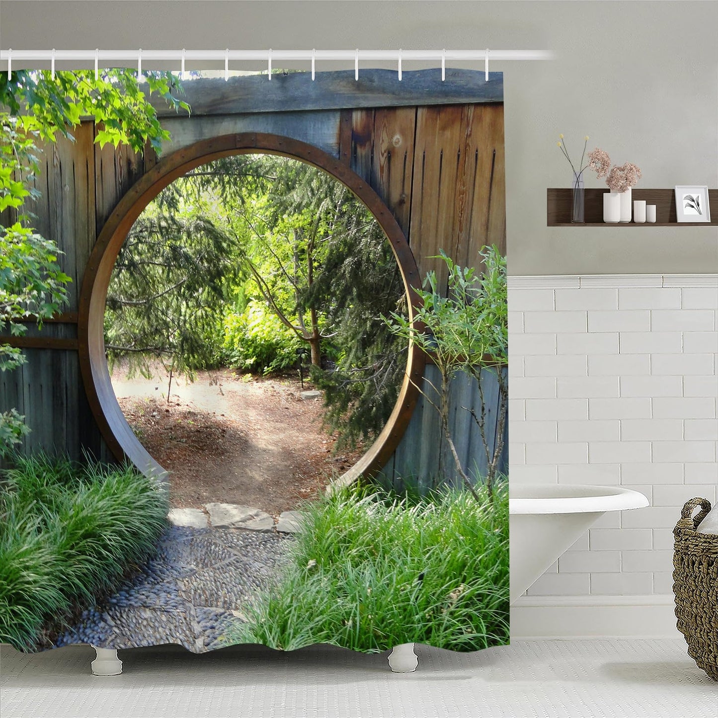 Simpomsy Garden Shower Curtain Green Botany Leaves Natural Village Bathroom Curtain Round Wooden Door Farmhouse Vintage Shower Curtain for Bathroom