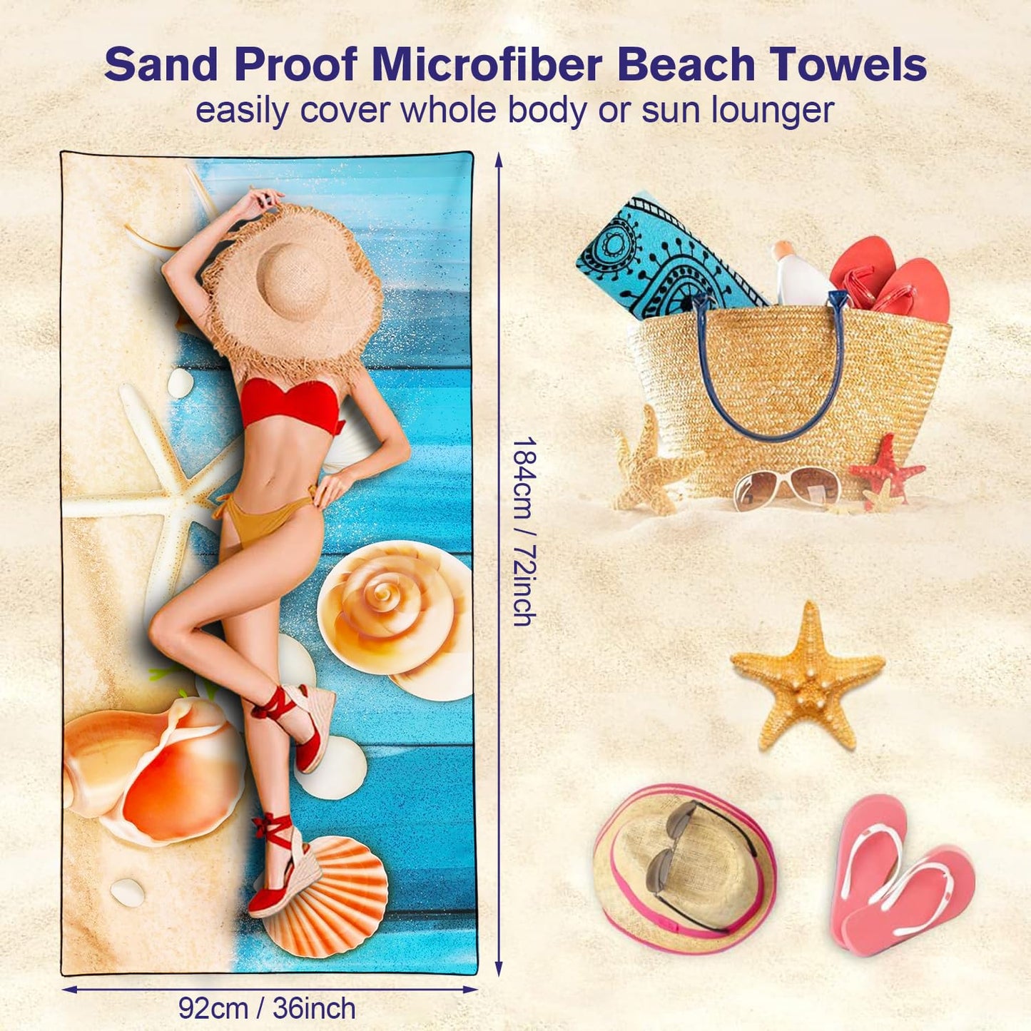 Violetpos Coastal Shell & Starfish Beach Towel, Extra Large 180x90 cm 250GSM Microfibre, Sand Free Quick Dry