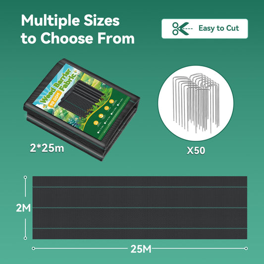 Domusensus Weed Control Membrane 2m x 25m - with 50 U-Shaped Garden Pegs Heavy Duty Weed Control Barrier Fabric Landscape for Vegetable Garden,