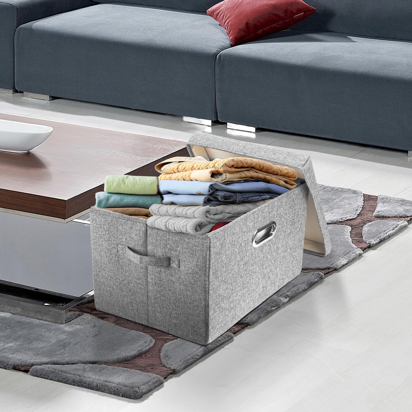 TYEERS Large Storage Box with Lid, Collapsible, Washable, Fabric Storage Box for Clothes, Wardrobe Storage, 44x30x29 cm, Set of 2, Grey