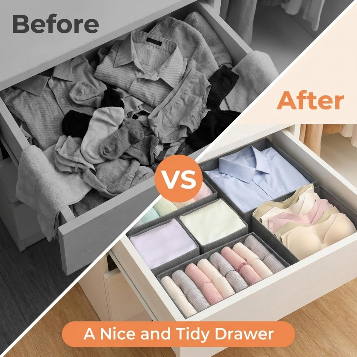 QINGGENG Drawer Organiser Foldable, 6 Pack Grey Fabric Drawer Dividers, Wardrobe Storage Organiser for Drawers, Closet