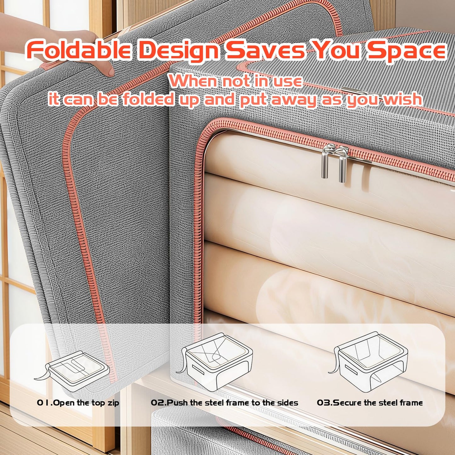 Storage Boxes Organiser, 24L Clothes Storage Boxes with Metal Frame&Top and Front Opening Zip with Clear Window,Fabric Foldable Storage Boxes