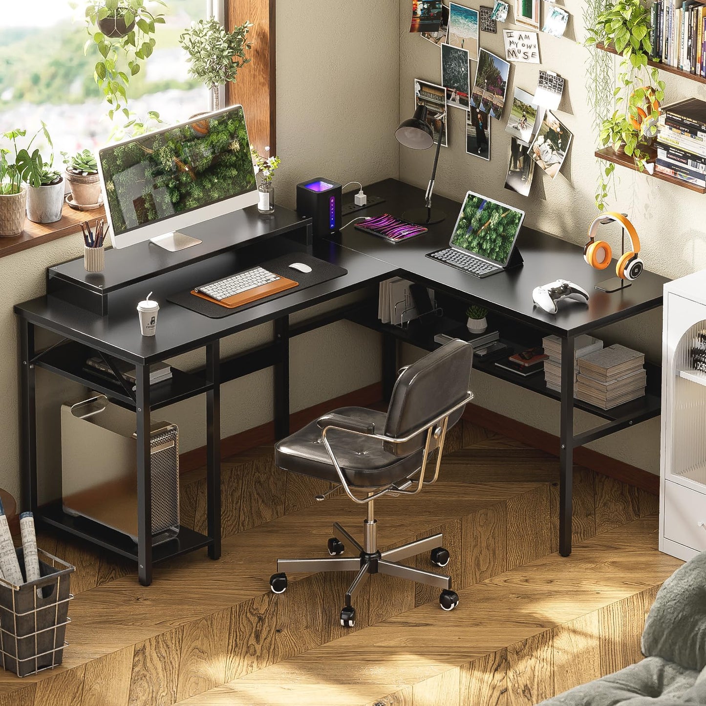 iSunirm L Shaped Desk, Gaming Desk with LED Lights, Reversible Computer Desk with Storage Shelves, Corner Table with Monitor Stand for Home