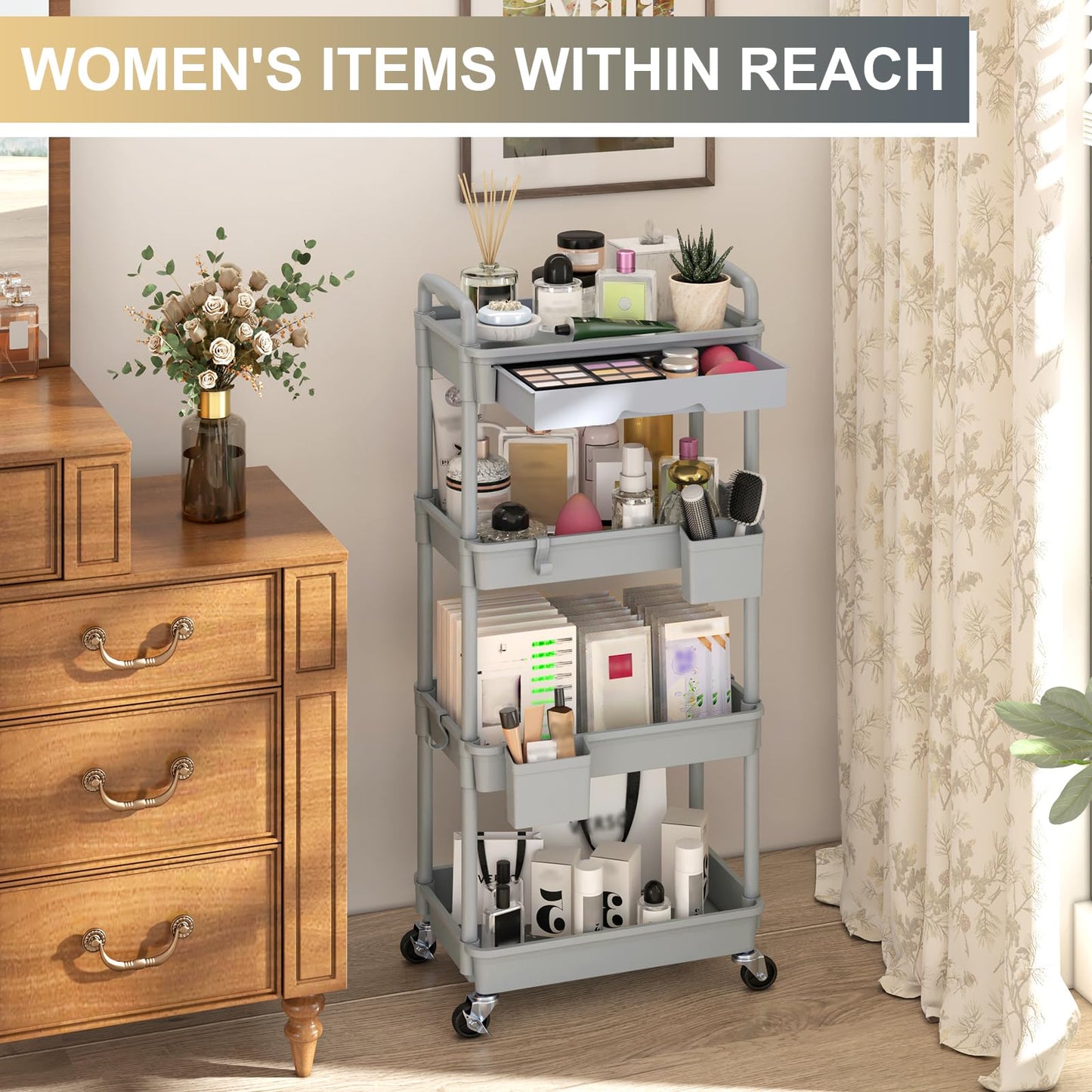 Yeabett 4 Tier Storage Trolley with Drawer, Utility Cart with Plastic Shelf & Lockable Wheels Multifunctional Storage Cart for Kitchen, Bathroom