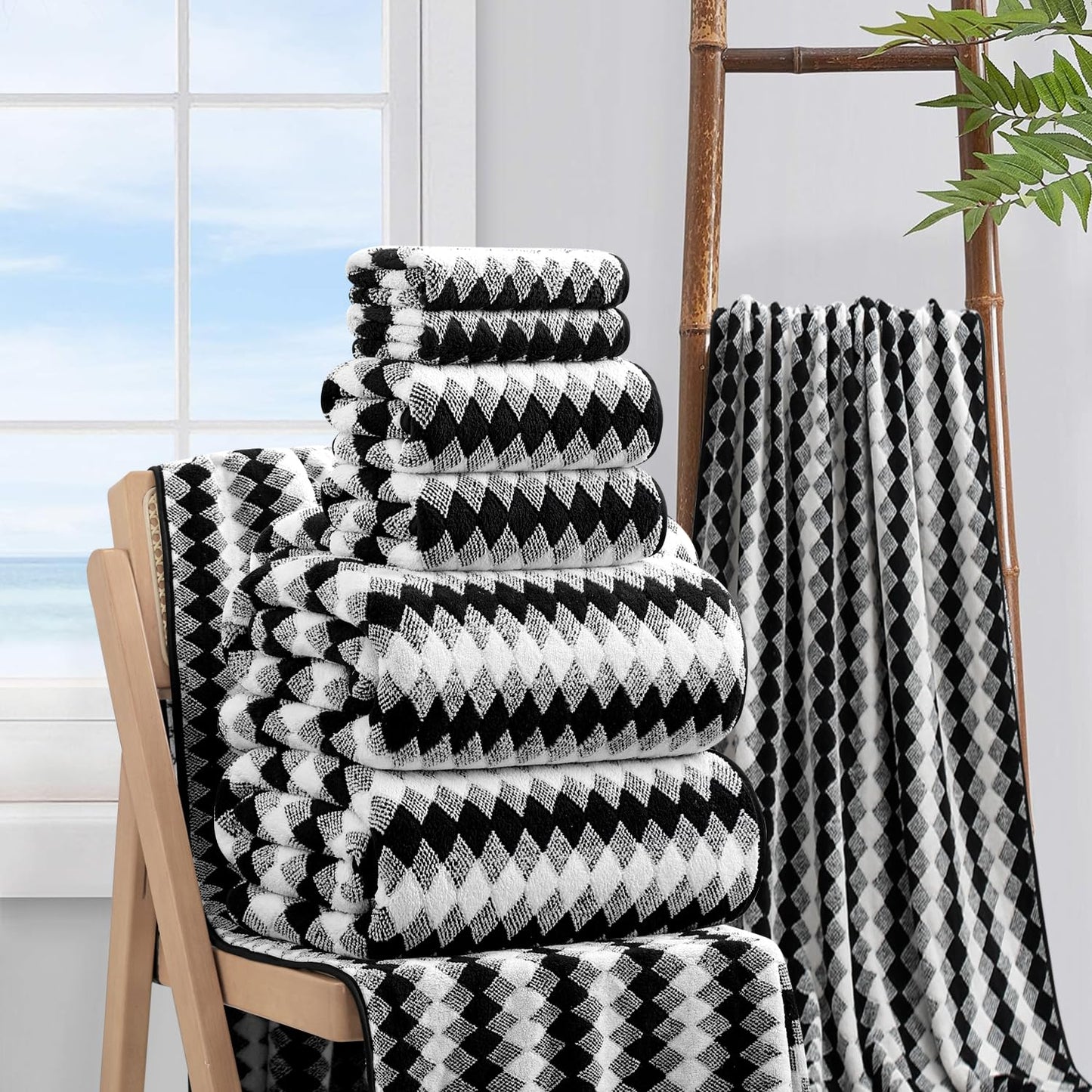 8 Piece Bathroom Towel Set Black White|2 Oversized Large Bath Towels Sheet,2 Hand Towels,4 Washcloths| 600GSM Soft Towel Set for Bathroom