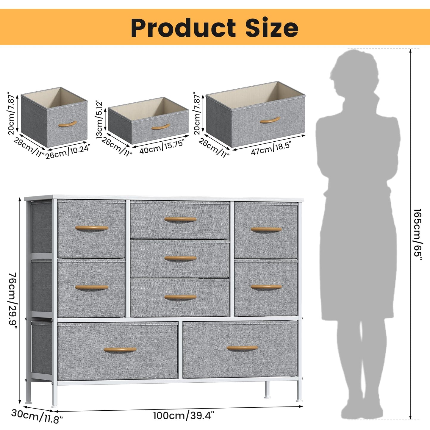 GoaHi Chest of Drawers, Large Dressers with Metal Frame and MDF Wooden Top Board, Adjustable Feet, Anti-Tip Safety