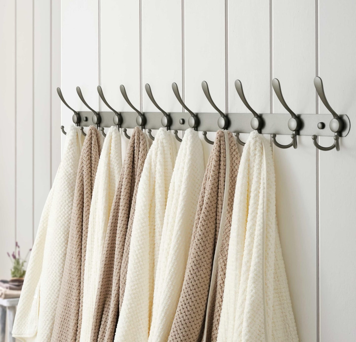Dseap Coat Rack Wall Mount - 96cm Long 10-Tri-Hooks Heavy Duty Coat Hanger Rail Wall Hooks for Hanging Coats Hats Clothing Clothes Purse Mudroom