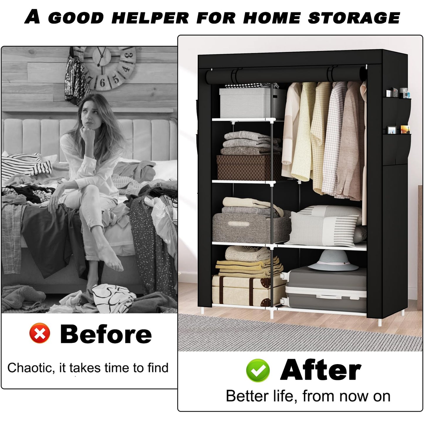 OPPAIYA Canvas Wardrobe for Bedroom, Fabric wardrobes carries five storage boxes, one hanging rail and four side pockets, 105 x 45 x 165 cm