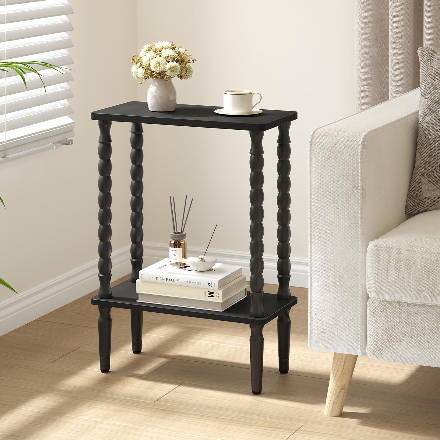 TUTOTAK Narrow Side Table, 2-Tier Small End Table with Storage, Slim Skinny Nightstand for Small Spaces, Living Room, Bedrooms, Black TB01BK001EU