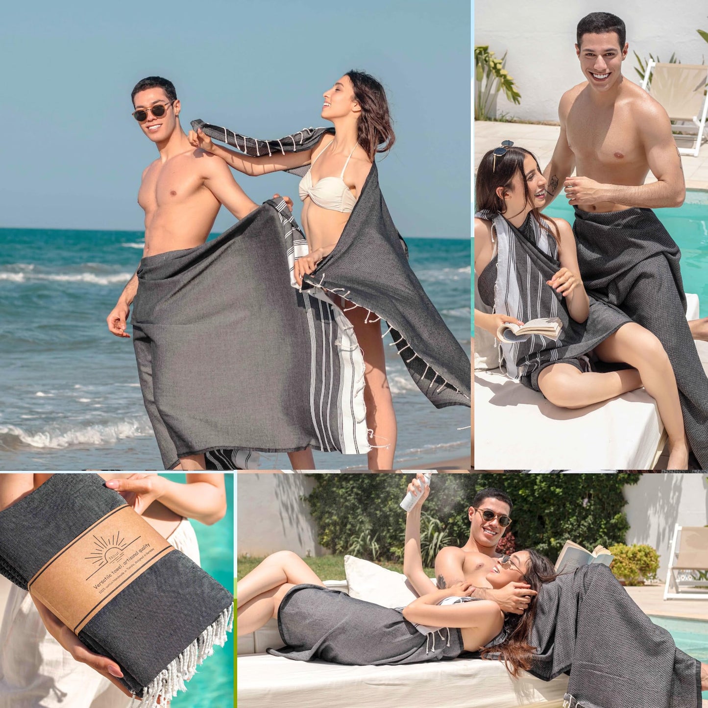 NOUR Premium 100% Cotton Turkish beach towel, Pack of 2, 100 x 200 cm, Picnic Blanket, Sauna & Hammam Towels, Extra Light, Absorbent, Quick-Drying