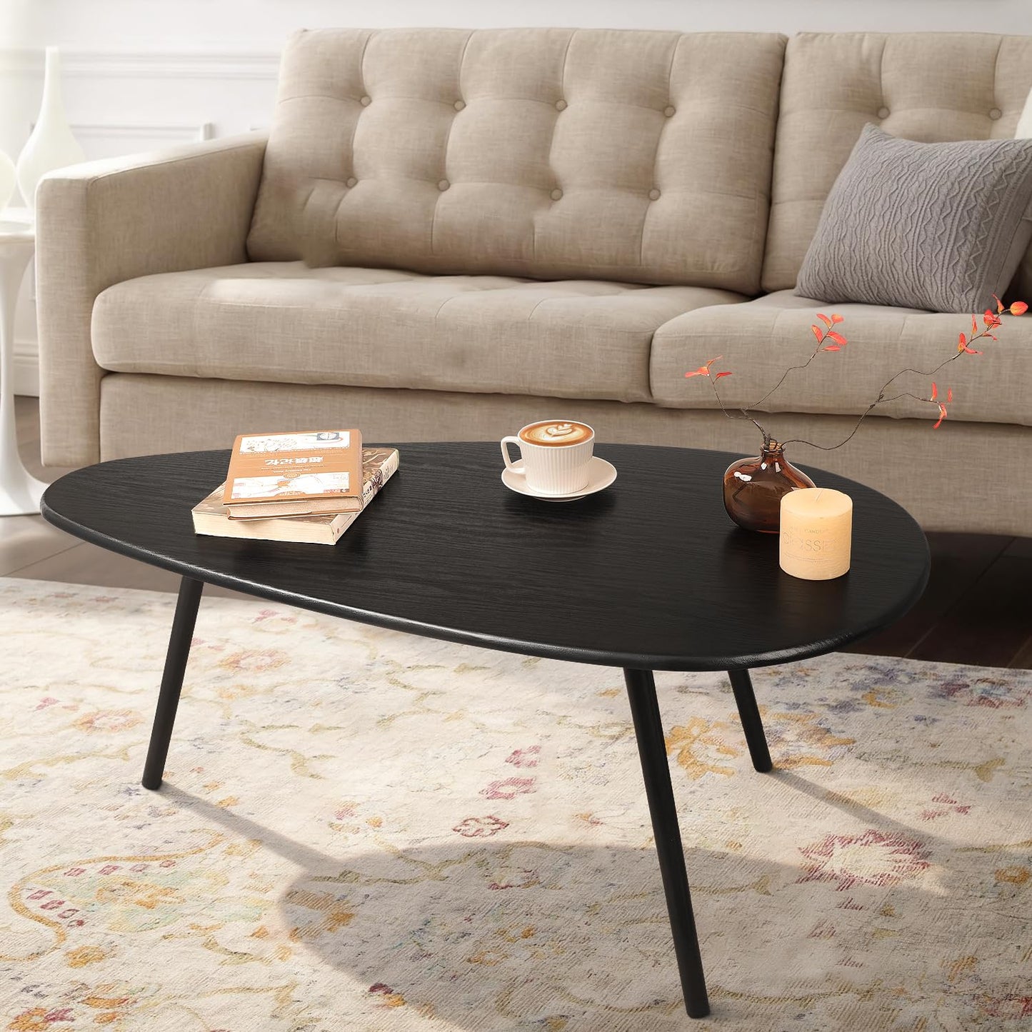 WDSHIYI Mid Century Modern Coffee Table, Large Oval Black Coffee Table for Living Room, for Small Spaces, 108 D x 56 W x 40 H