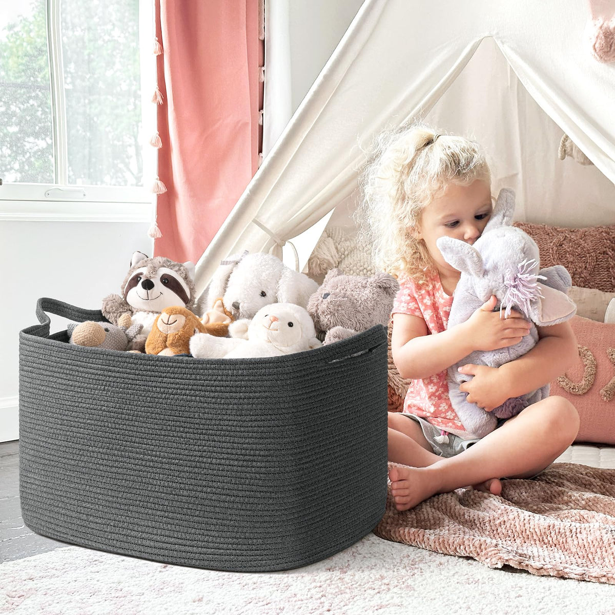 TIMEYARD 85L Extra Large Cotton Rope Storage Laundry Basket Dark Grey