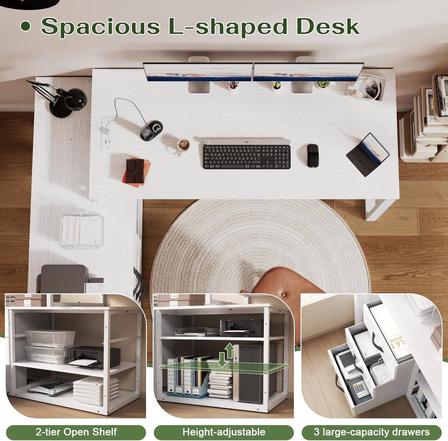 JUMMICO Corner Desk with 3 Drawers, 140 x 105 cm, Folding L-shaped Desk, Equipped with Socket and USB Charging Port, Storage Space