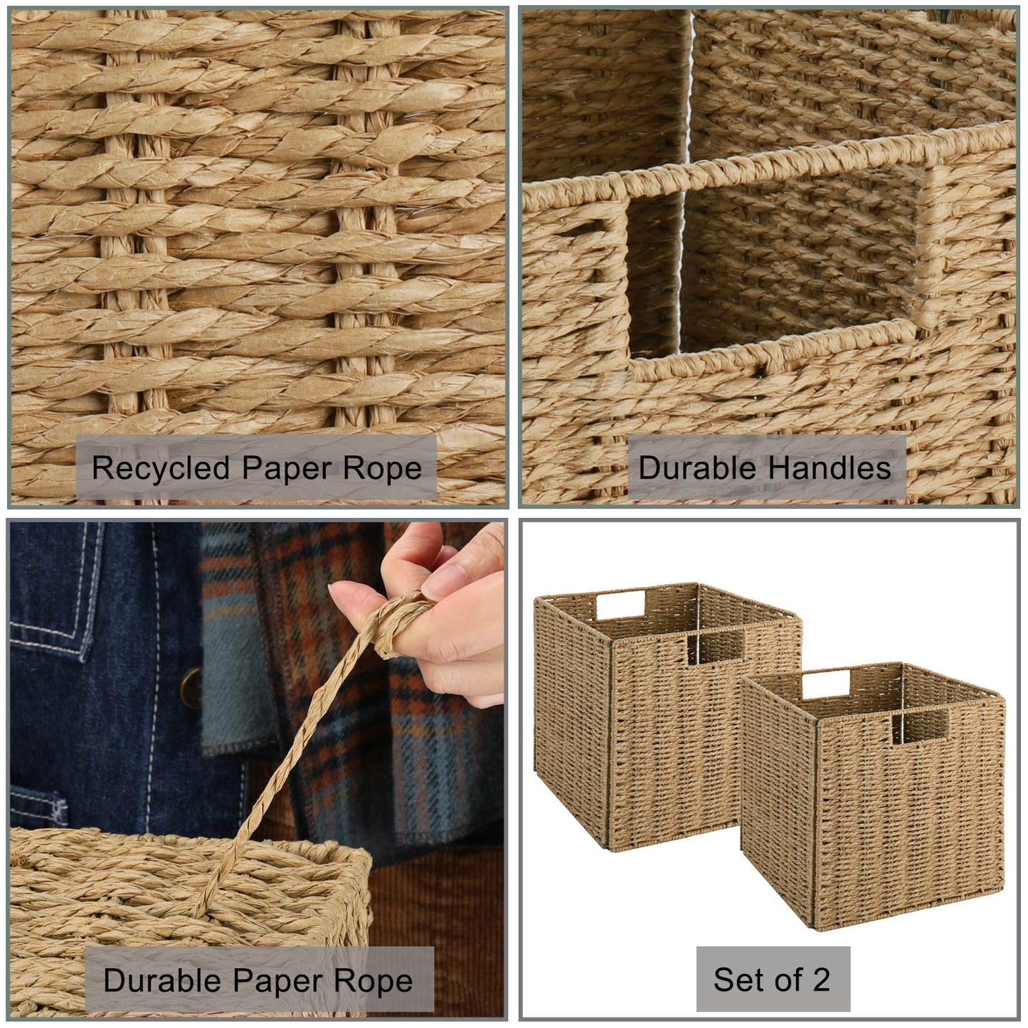 Vagusicc Wicker Storage Basket, Set of 2 Handwoven Wicker Basket for Storage, Foldable Storage Baskets Organizer Bins with Handles for Shelves