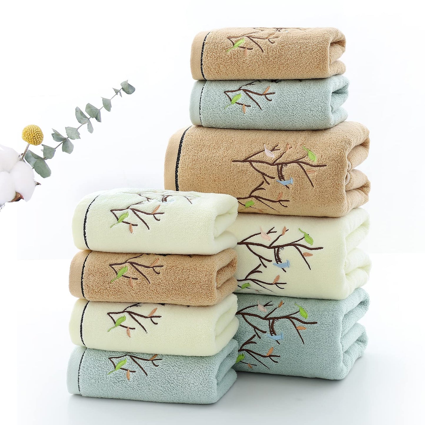 Pidada Hand Towels Set of 4 Embroidered Bird Tree Pattern 100% Cotton Absorbent Soft Decorative Towel for Bathroom 35 x 75 cm (Brown)