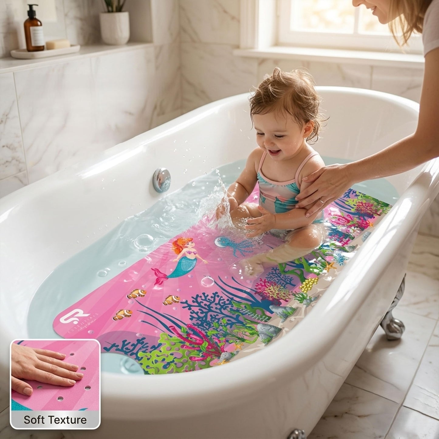 SR ESSENTIALS Baby Bath Mat Non Slip Anti Mould, 100x40cm Extra Long Bath Mat for Kids with Strong Suction Cups, Soft Textured Surface & Drain Holes
