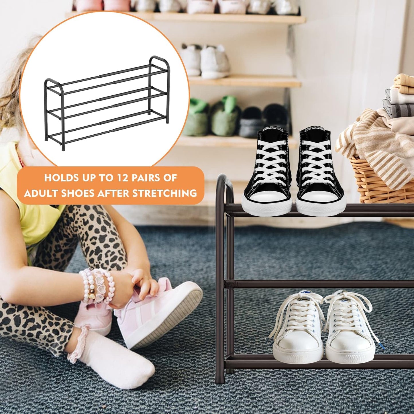 WEELOO Expandable Shoe Rack,Adjustable and Retractable Metal Shoe Shelf