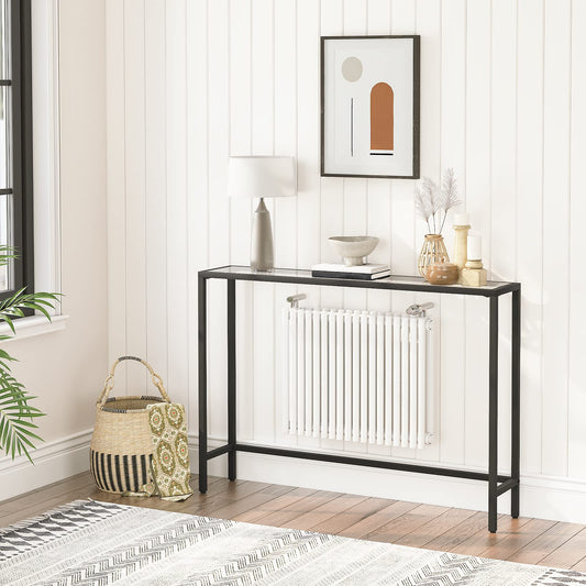 HOOBRO Black Console Table, Tempered Glass Sofa Table, Slim Hallway Table, Glass Console Table, 100 x 22 x 80 cm, Modern Display Table for Living