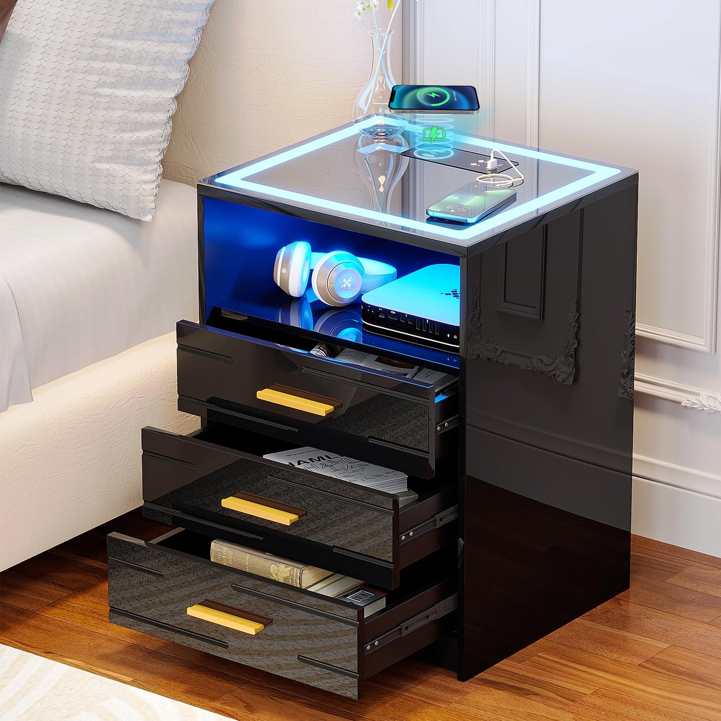 Bedside Table with Wireless Charging Station & 3 Drawers for Living Room