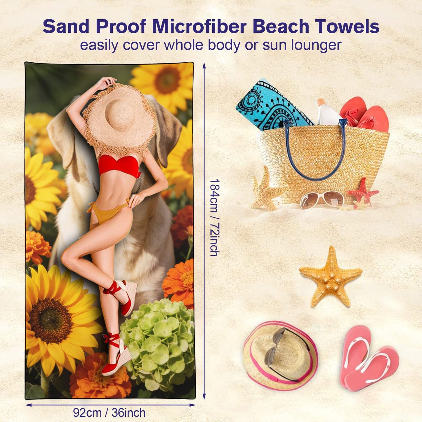 Violetpos Labrador in Sunflowers Beach Towel, Extra Large 180x90 cm 250GSM Microfibre, Sand Free Quick Dry
