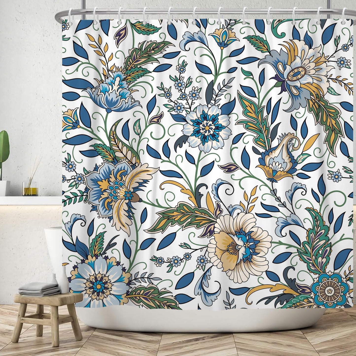 ASDCXZ Flower Shower Curtain 180x200 cm, Spring Vintage Blue Yellow Boho Flowers Green Leaves White Bath Washable Shower Curtains Polyester Textile