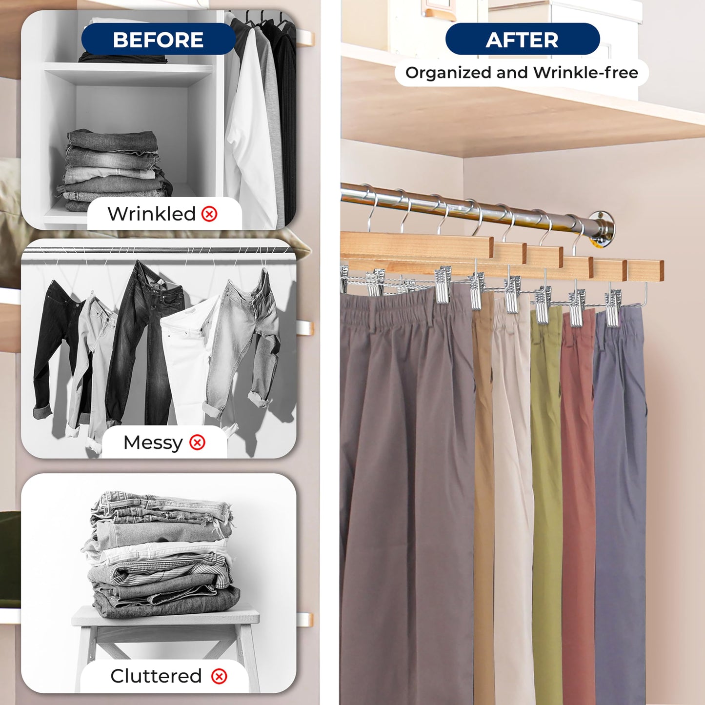 SereneLife 30pcs Natural Wooden Trouser Hangers, 35cm Anti-Slip Clips