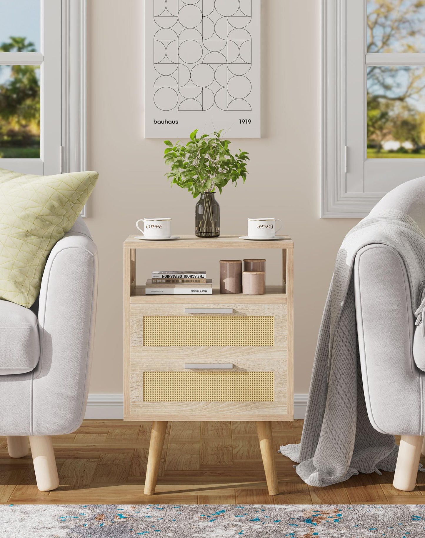 YMYNY Nightstand with 2 Drawers, Boho Side Table, Handmade Rattan Decorated, Open Shelf Unit with Arched Design, Solid Wood Legs