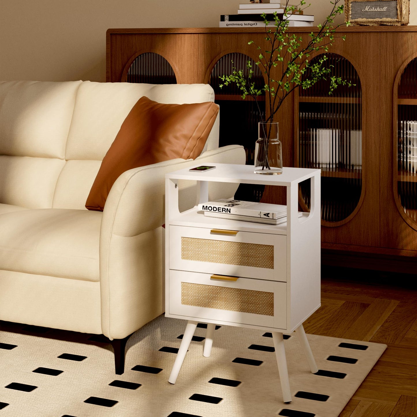 JERX Rattan Bedside Table, Farmhouse Nightstand with 2 Storage Drawer and Open Wood Shelf, for Living Room, Bedroom and Small Spaces