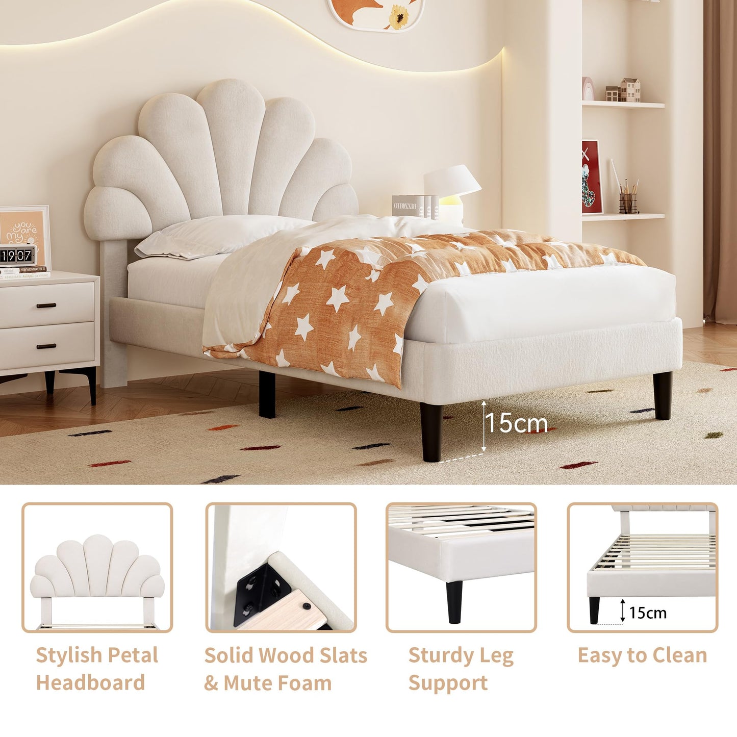 Merax Single bed frame, 3ft Single Upholstered Bed, Adjustable Chic Petal Headboard, Sturdy Wooden Slat Support, Velvet Fabric (No Mattress)