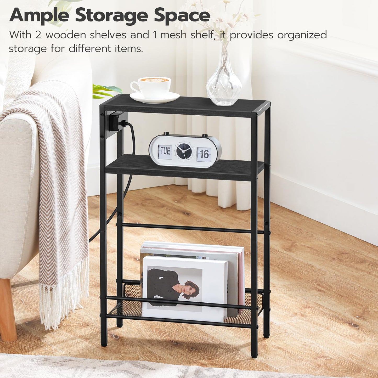HOOBRO Slim Side Table with Charging Station, Narrow Bedside Table for Small Spaces, 3-Tier End Table with USB & Type-C Ports, Black EBB102KBZ01