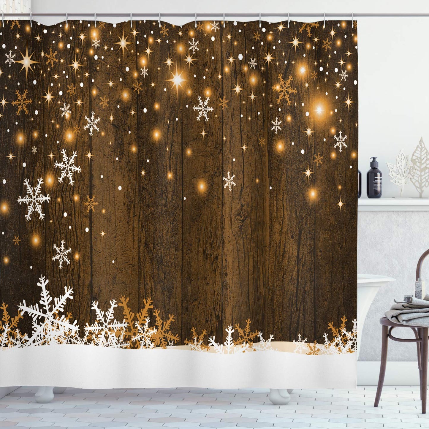 ABAKUHAUS Christmas Shower Curtain, Rustic Wooden Backdrop Snowflakes and Warm Traditional Celebration Print, Cloth Fabric Bathroom Decor Set with