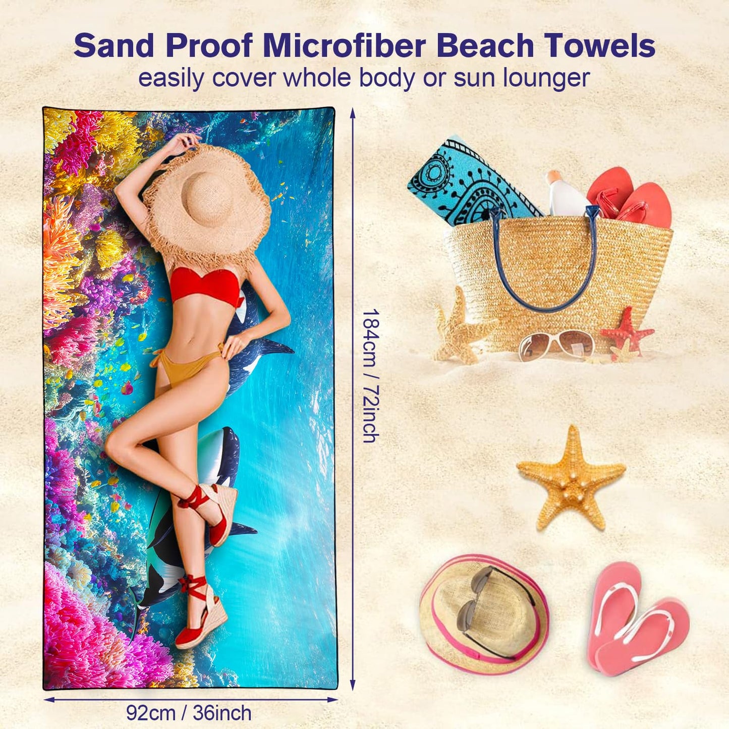 Violetpos Orca Coral Reef Beach Towe, Extra Large 180x90 cm 250GSM Microfibre, Sand Free Quick Dry
