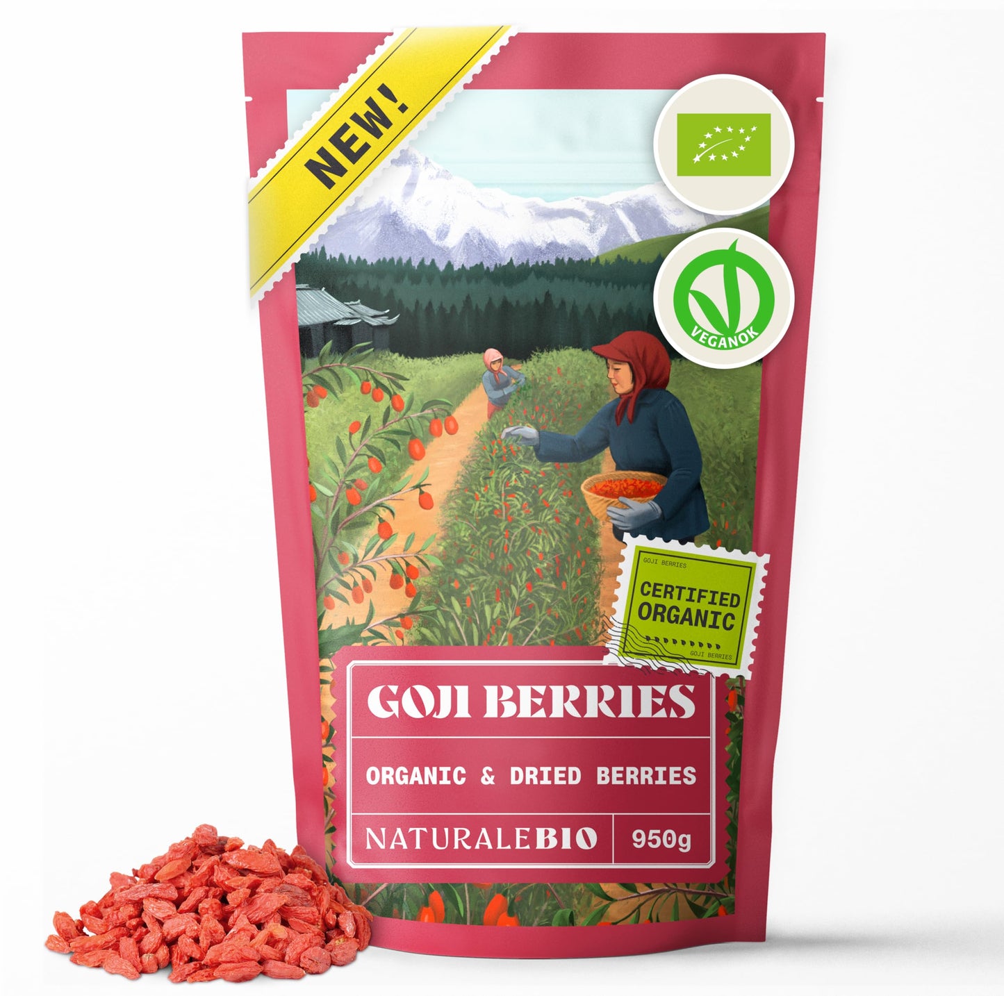 NaturaleBio Organic Goji Berries 950g. Traditional Chinese Dried Fruit. Vegan, high in Fibre. Non-GMO and Gluten-Free Snack.