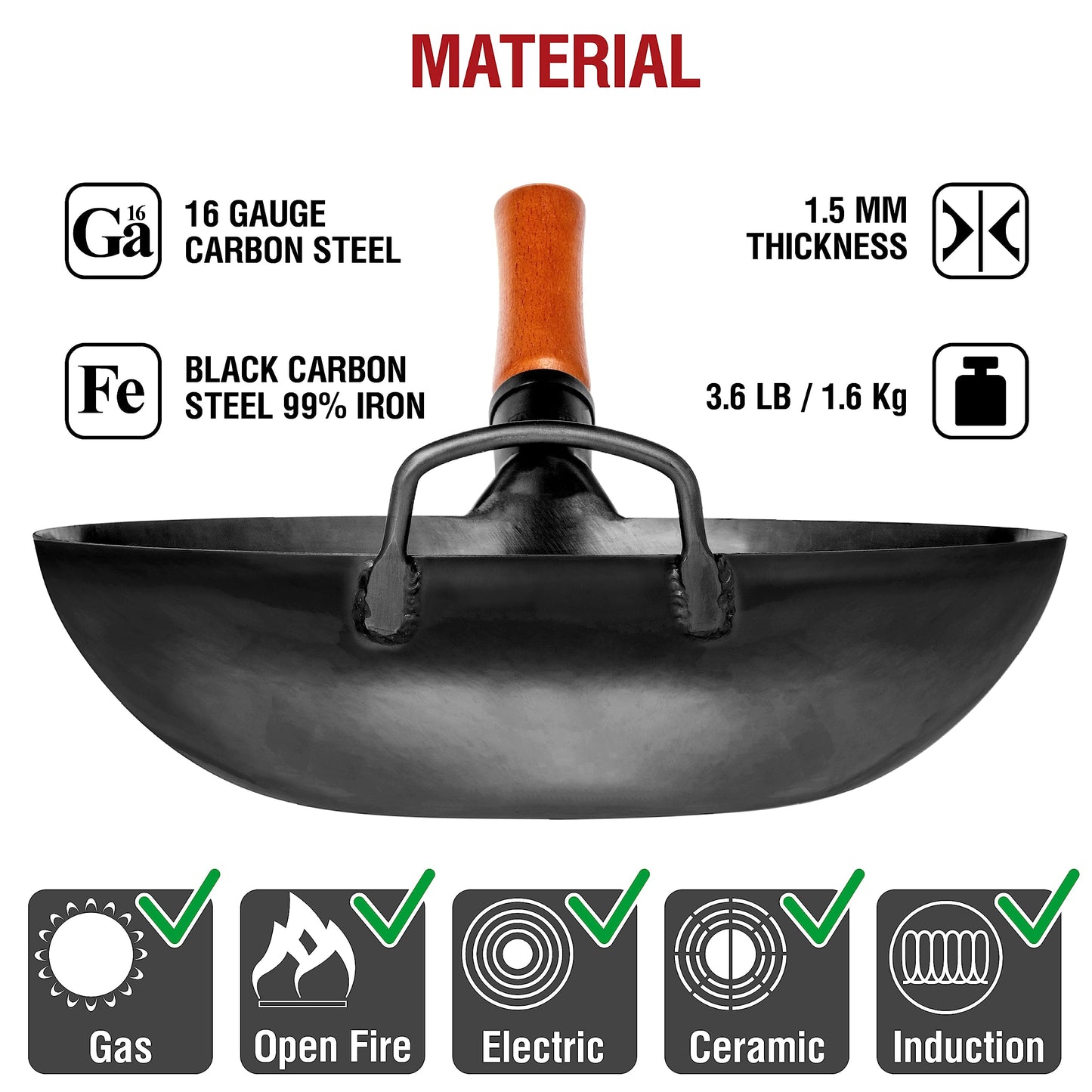 YOSUKATA Carbon Steel Wok Pan 34 cm Woks and Stir Fry Pans - Chinese Wok with Flat Bottom Pow Wok - Traditional Chinese Japanese Woks - Black Steel