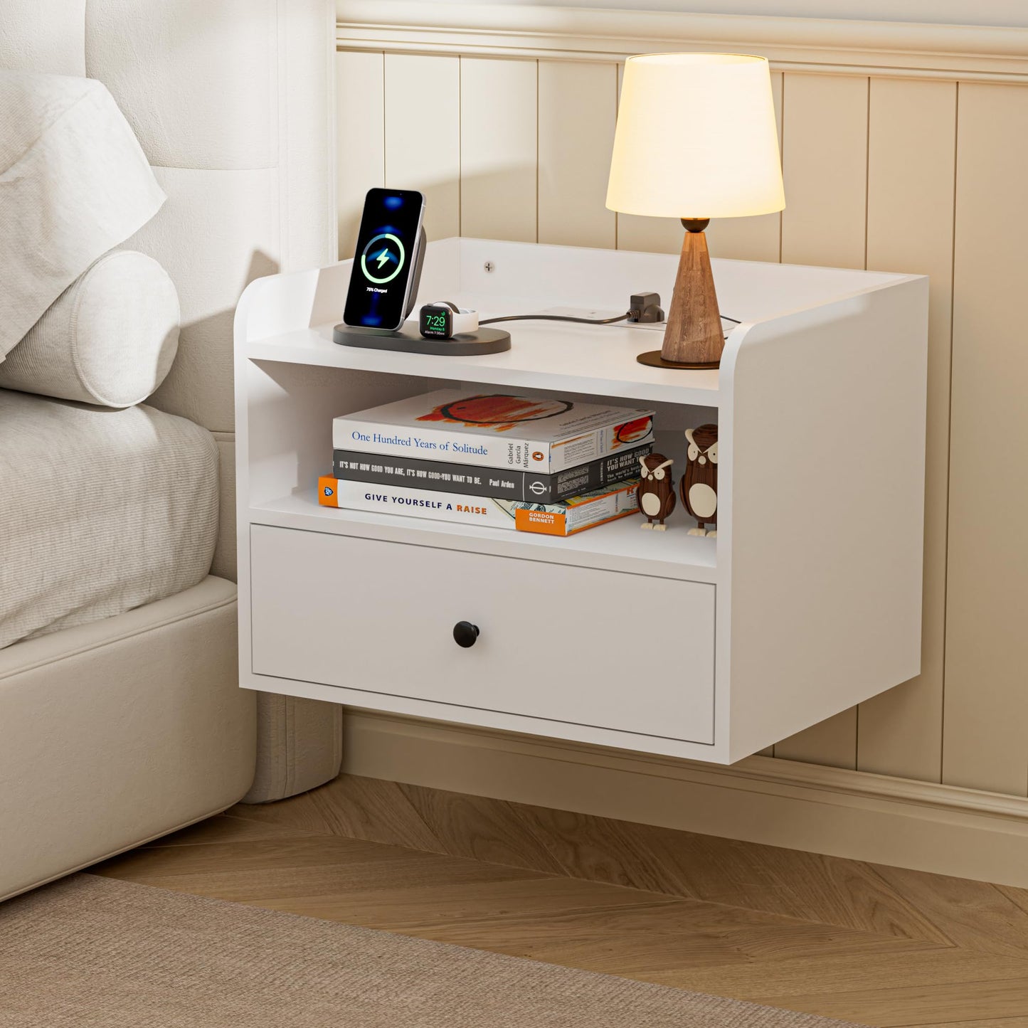 BonVache Set of 2 Floating Bedside Tables, Wall Mounted Bedside Table with Charging Station, Floating nightstand with Open Shelf and Drawer