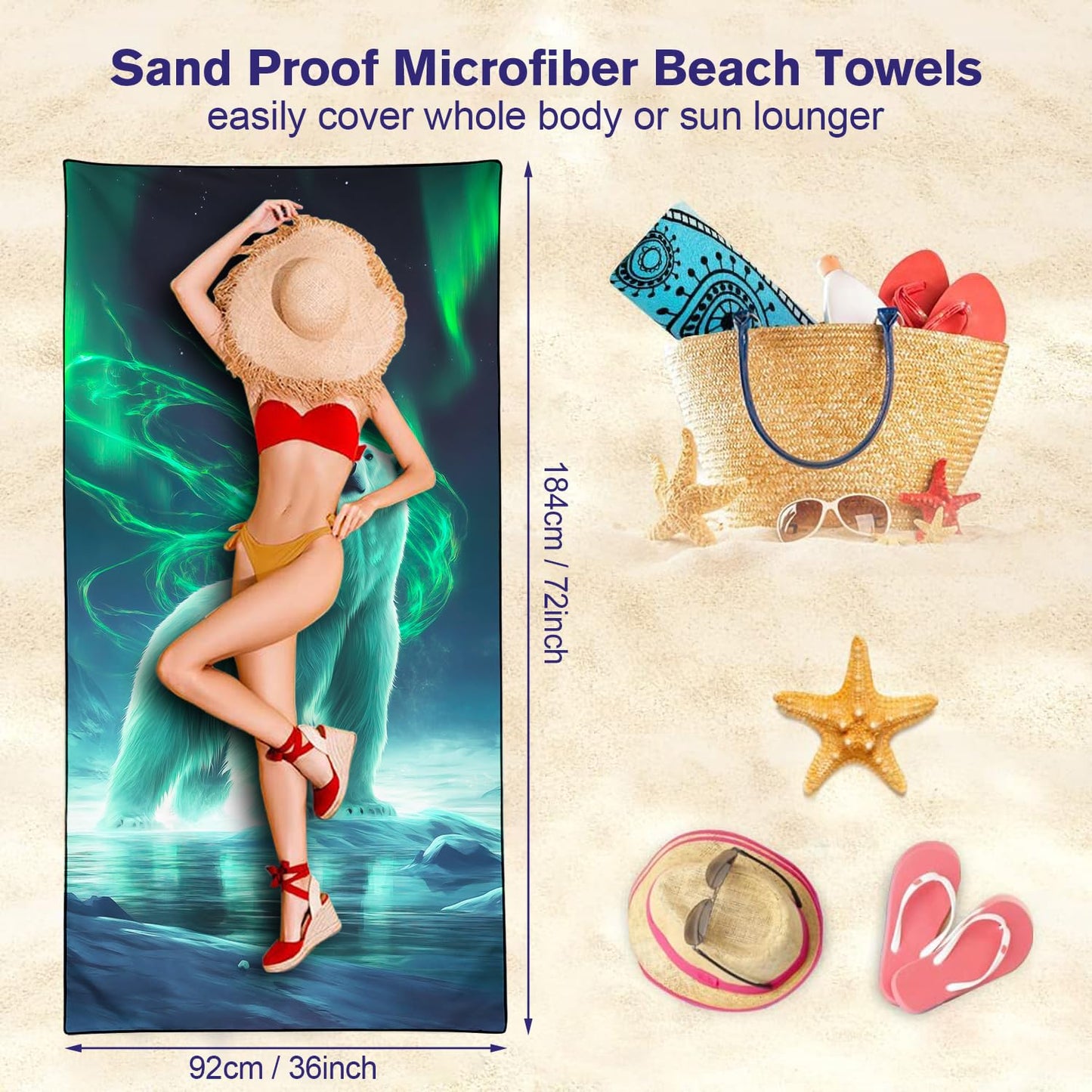 Violetpos Aurora Polar Bear Beach Towel, Extra Large 180x90 cm 250GSM Microfibre, Sand Free Quick Dry