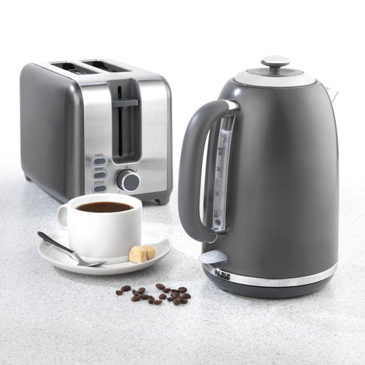 Salter COMBO-8799 Kettle And Toaster Set ? Grey 1.7L Fast Boil Kettle With Pull Top Lid, 2-Slice Electric Toaster, 360? Swivel Base, Water Window, 7