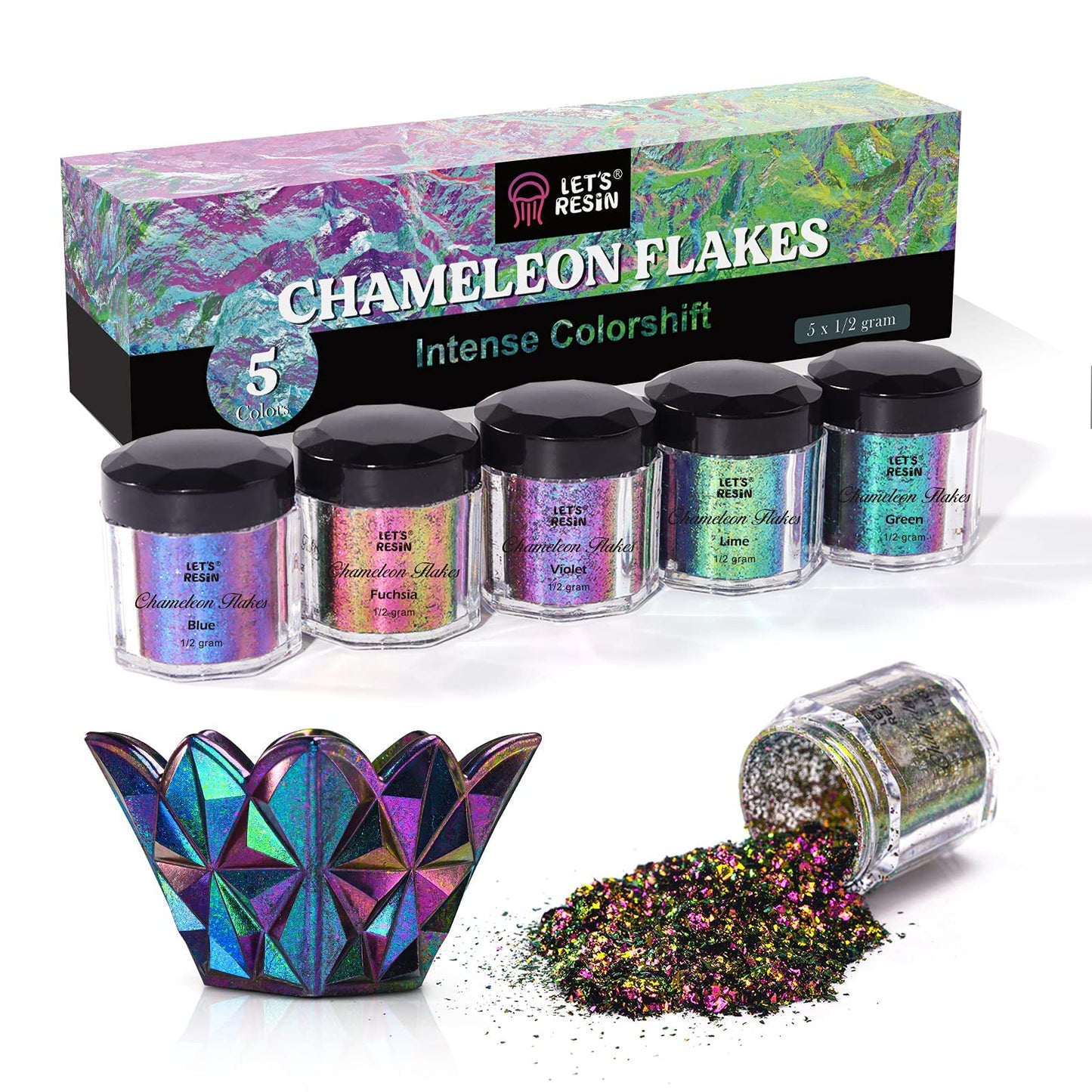 LET'S RESIN Chameleon Flakes, 5 Color Intense Colorshift Pigments Powder for Resin Crafts/Tumblers, Chrome Powder Pigment for Nail Art/Paints/Soap