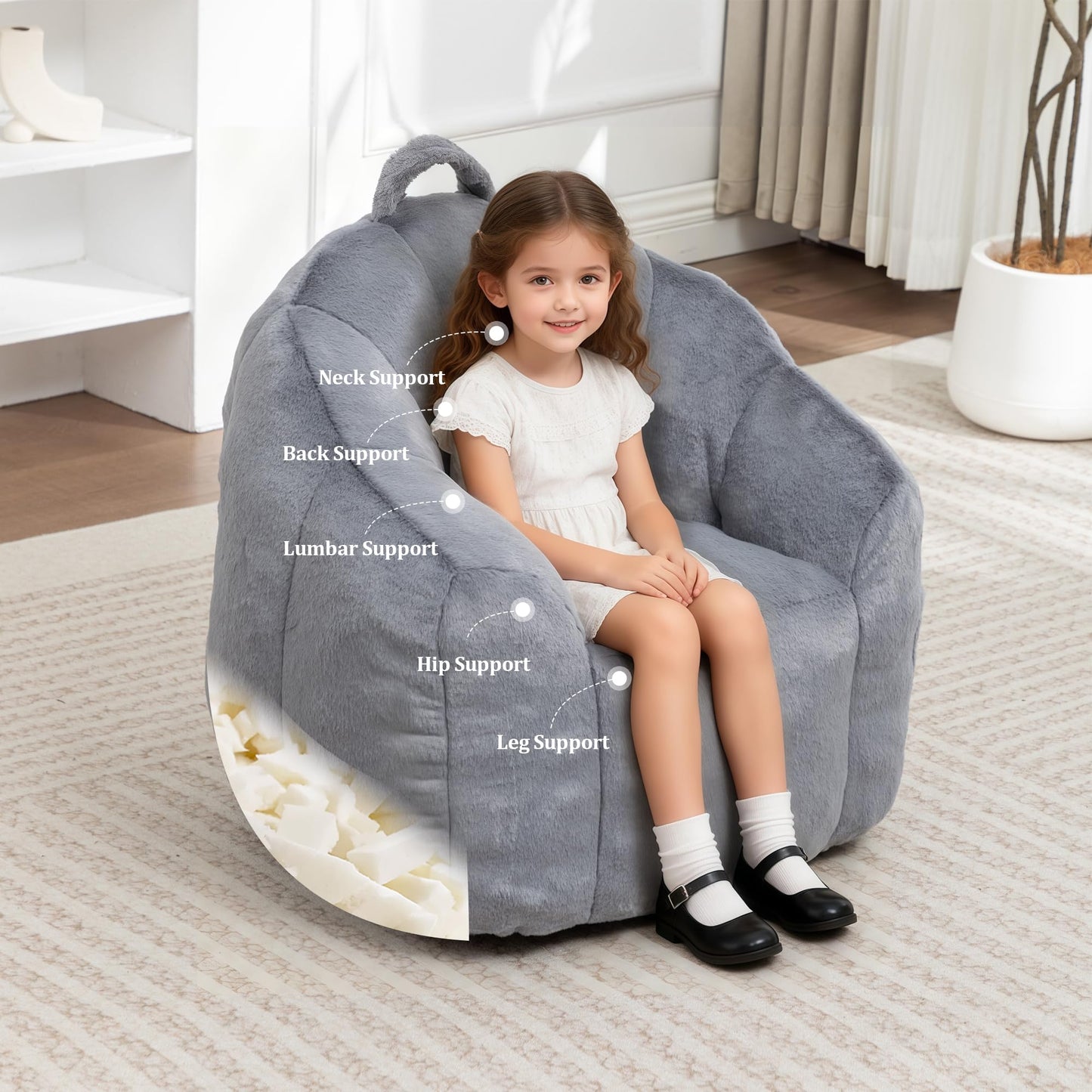 MINCETA Bean Bag Chair for Kids, Small Bean Bag Sofa Chairs with filler, Dark Gray Comfy Beanbag Chair with Handle for Living Room, Bedroom