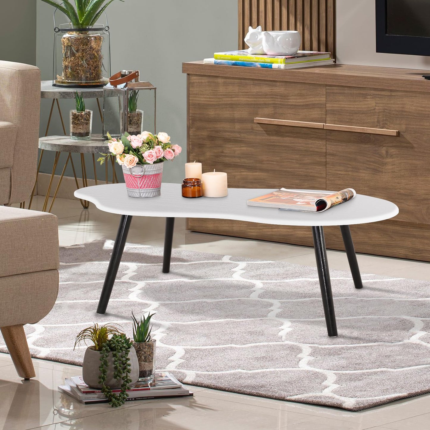 FEUFOAM Modern Coffee Table Cloud White Coffee Tables Irregular Center Table for Living Room Unique Wood Grain Table Top Coffee Table Floor Table for
