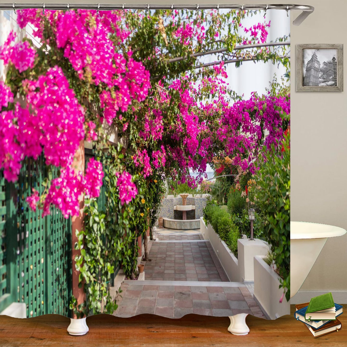 JIANGLANY Outside Garden Shower Curtain Purple Flowers and Leaves on Wooden Fence Garden Decor Waterproof Outdoor Curtain Nature Scenery Bathroom